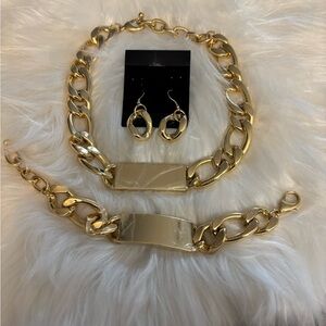Gold Chain Necklace and Bracelet Set with Earrings